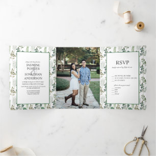 Modern Sage Green Leaf Pattern Photo Wedding Dreifach Gefaltete Einladung