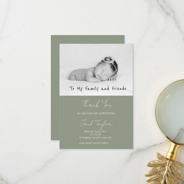 Modern Sage Green Photo Handwriting Baby Birth   Dankeskarte (Vorderseite/Rückseite Beispiel)