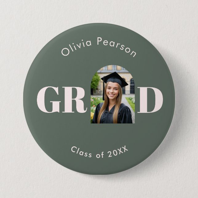 Modern Sage Green Pink Arch Photo Graduation Button (Vorderseite)