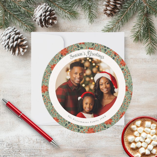 Modern Sage Green Poinsettia Weihnachtskarte Karte (Poinsettia Season Circle Photo Christmas Card sage green)