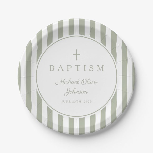 Modern Sage Green Religious Cross Baptism Pappteller (Vorderseite)