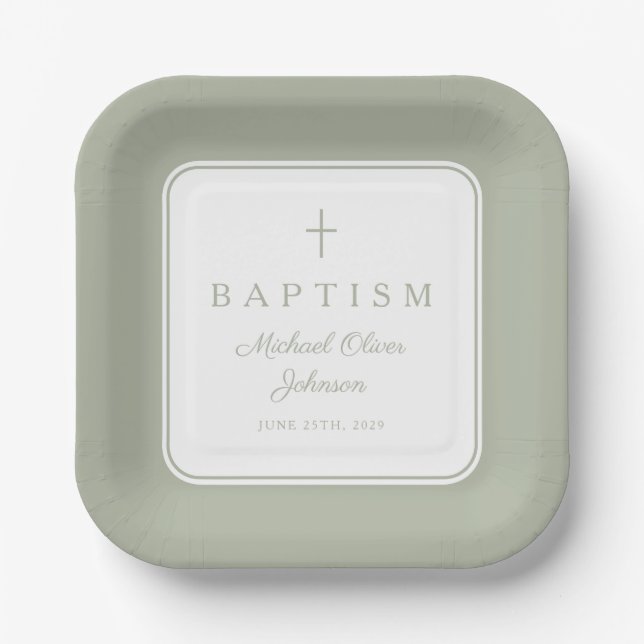 Modern Sage Green Religious Cross Boy Baptism Pappteller (Vorderseite)