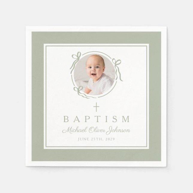 Modern Sage Green Religious Cross Boy Baptism Serviette (Vorderseite)