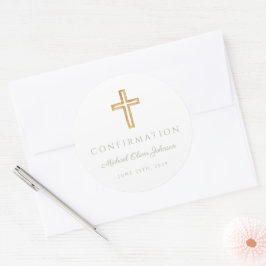 Modern Sage Green Religious Cross Boy Confirmation Runder Aufkleber