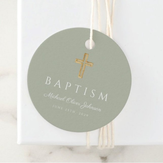Modern Sage Green Religious Cross Script Baptism  Geschenkanhänger (Modern Sage Green Religious Cross Script Baptism Favor Tags)