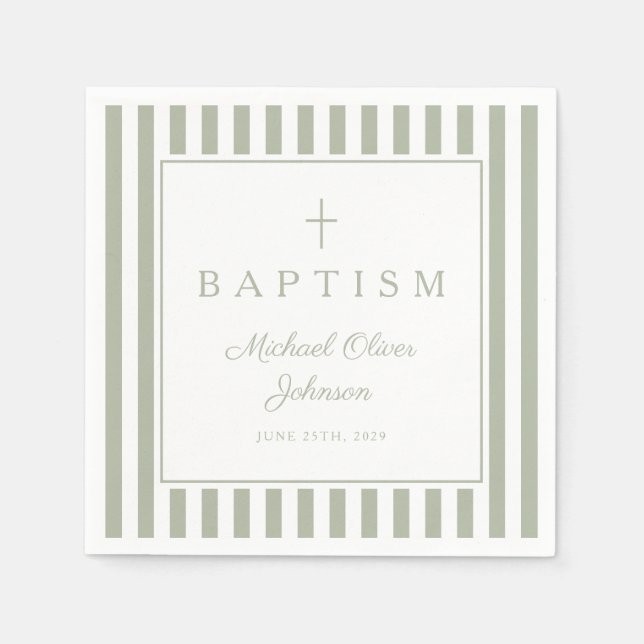 Modern Sage Green Religius Cross Boy Baptism Serviette (Vorderseite)