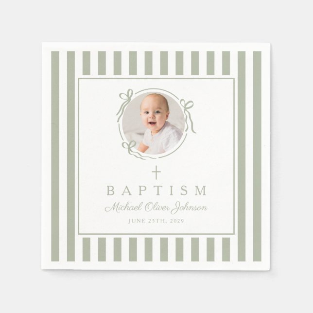 Modern Sage Green Religius Photo Boy Baptism Serviette (Vorderseite)