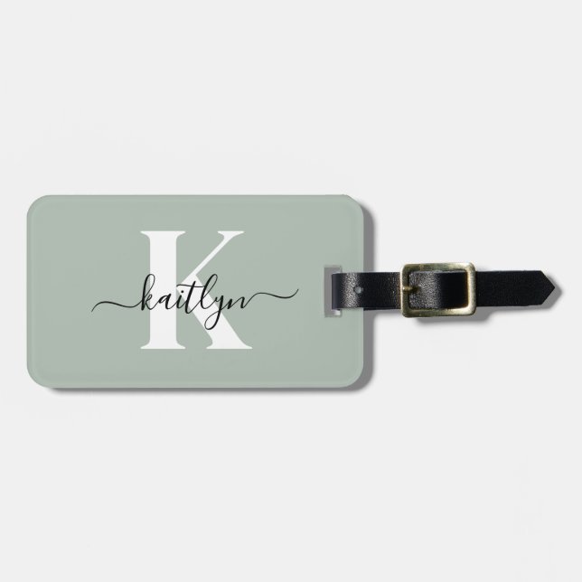 Modern Sage Green Script Monogram Gepäckanhänger (Vorderseite horizontal)