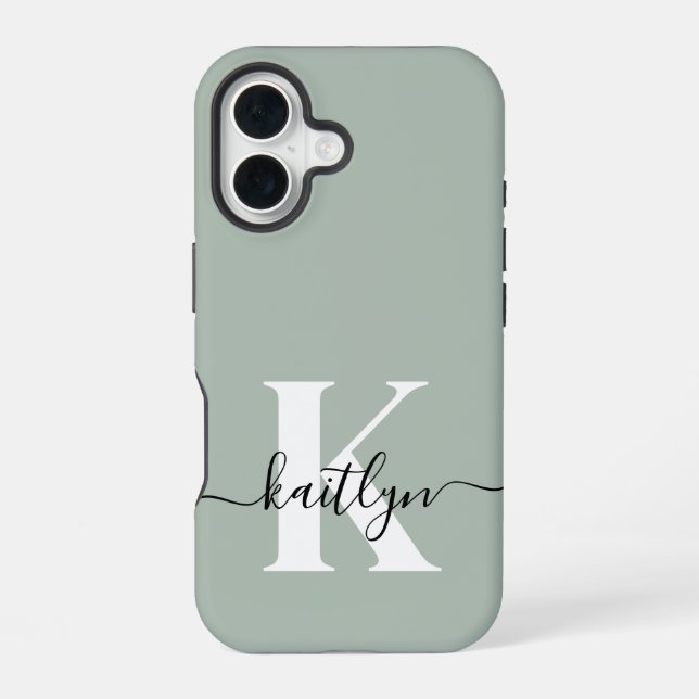 Modern Sage Green Script Monogram iPhone 16 Hülle (Rückseite)