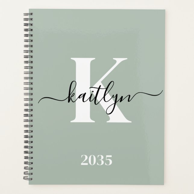 Modern Sage Green Script Monogram Planer (Vorderseite)