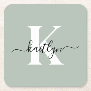 Modern Sage Green Script Monogram Rechteckiger Pappuntersetzer