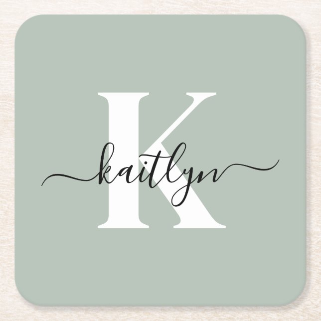 Modern Sage Green Script Monogram Rechteckiger Pappuntersetzer (Vorderseite)