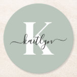 Modern Sage Green Script Monogram Runder Pappuntersetzer<br><div class="desc">Diese schlichten, eleganten, rundem schlanken Untersetzer mit Ihrem Vornamen in einem trendigen Schriftart in Schwarz und Ihr erster Einstieg in einen modernen Schriftart in Weiß sind ideal, um Ihre Tische und Zähler frei von Wasserringen behalten. Sie nehmen Tröpfchen auf, damit Sie sich keine Sorgen machen müssen, wenn Sie unterhalten oder...</div>