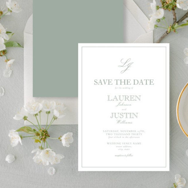 Modern Sage Green Script Monogram Save the Date Einladung (Von Creator hochgeladen)