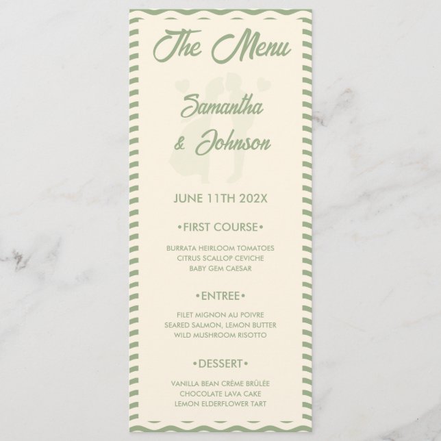 Modern Sage Green Wavy Stripe Wedding Menu Card Menükarte (Vorderseite)