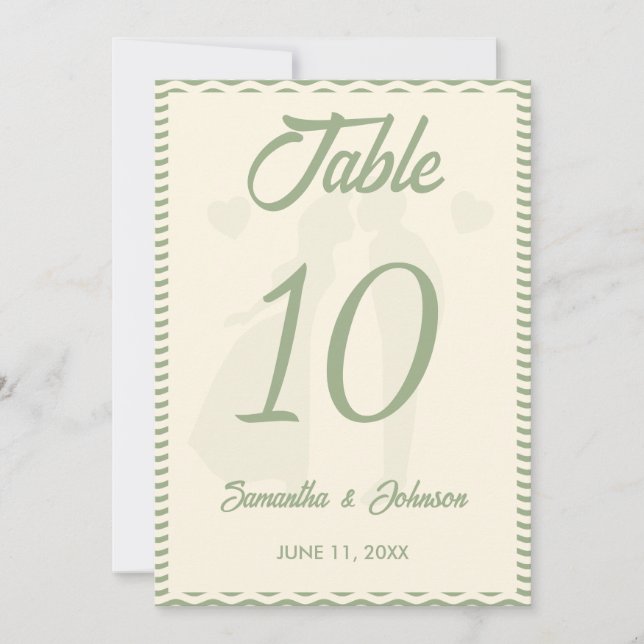 Modern Sage Green Wavy Stripe Wedding Table Number Einladung (Vorderseite)