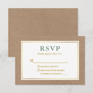 Modern Sage Green White Gold Kraft RSVP Karte