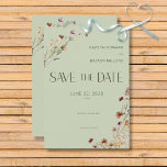 Modern Sage Green Wildblumen Bouquet Wedding Save The Date<br><div class="desc">Die Einführung unserer modernen altertümlichen Grünen Wildblume Bouquet Hochzeit retten das Datum, eine herzliche Ode an die Schönheit der Natur der Einfachheit. Mit einer sanften Weisheit-Kulisse, die an die Ruhe einer sonnigen Wiese erinnert, erweckt diese Einladung das Wesen des rustikalen Charmes. Fein arrangierte, erdgetönte Wildblumen bilden ein faszinierendes Bouquet, das...</div>