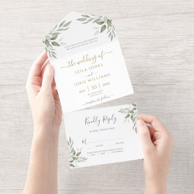 Modern Sage Greenery Gold Foil All-in-One-Einladung (Abreißstreifen)