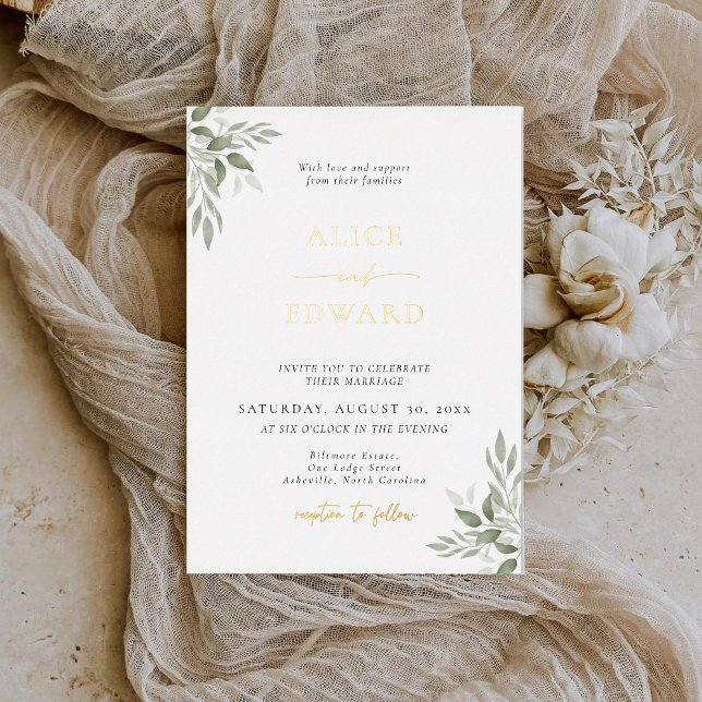 Modern Sage Greenery Wedding Foil Invitation Card (Créateur téléchargé)