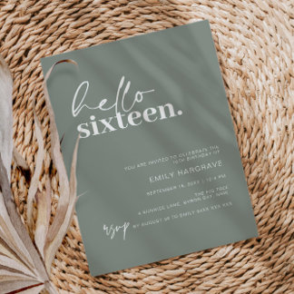Modern Sage Hello Sixteen Birthday Party Einladung