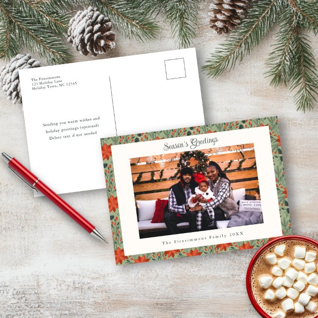 Modern Sage Poinsettia Holiday Foto Postkarte (Poinsettia Season Photo Christmas Postcard sage green)