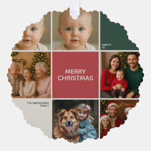 Modern Sage RED Collage Frohe Weihnachten Ornament Karte