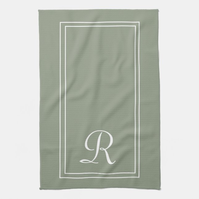 Modern Sage & White Stripe Monogram Personalised  Geschirrtuch (Vertikal)
