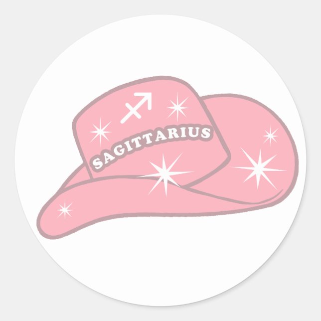 Modern Sagittarius Zodiac Pink Cowgirl Hut Runder Aufkleber (Vorderseite)
