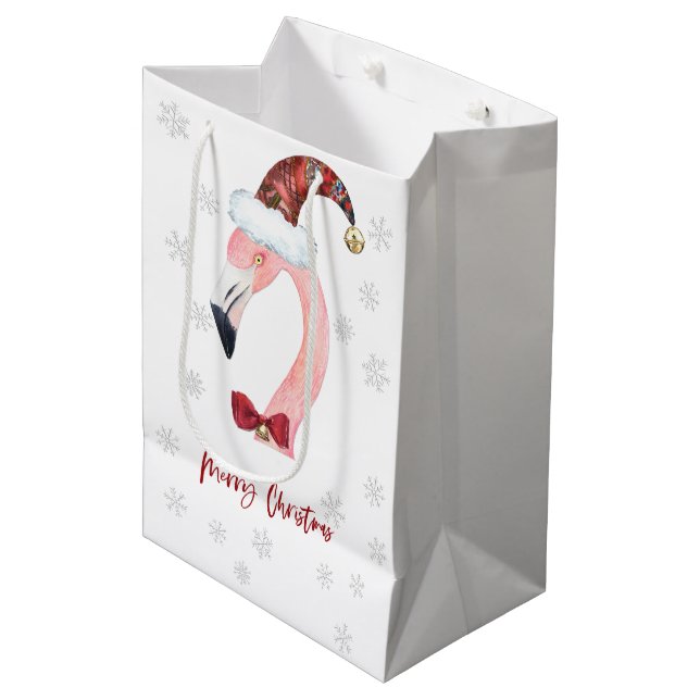 Modern Santa Flamingo Snowflake Weihnachten Mittlere Geschenktüte (Vorderseite Schrägansicht)