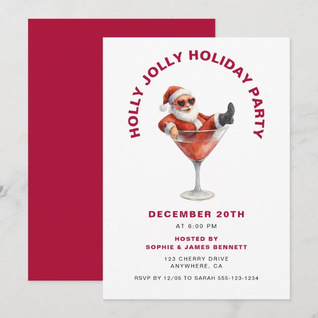 Modern Santa Holly Jolly Christmas Party Einladung (Vorne/Hinten)