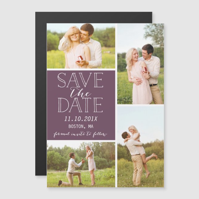 Modern Save the Date 4 Foto Classic Purple Collage Magneteinladung (Vorne/Hinten)