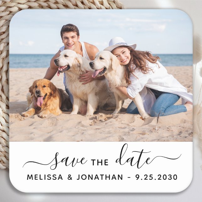 Modern Save the Date Couple Verlobung Pet Foto Rechteckiger Pappuntersetzer (Von Creator hochgeladen)