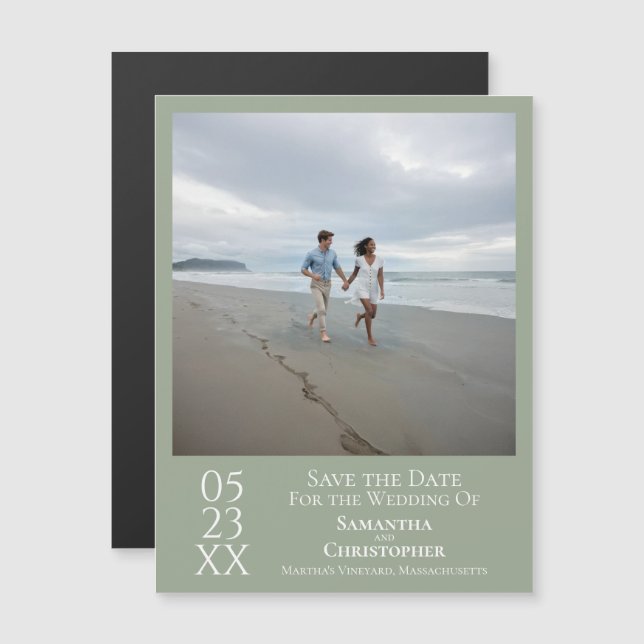 Modern Save the Date Foto Sage Green Magnet (Vorne/Hinten)