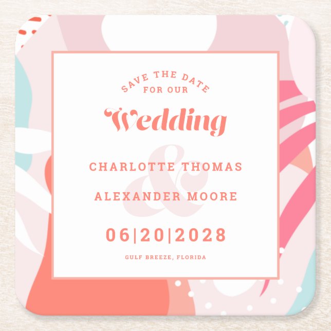 Modern Save the Date Hochzeitsmuster Korallen Aqua Rechteckiger Pappuntersetzer (Vorderseite)