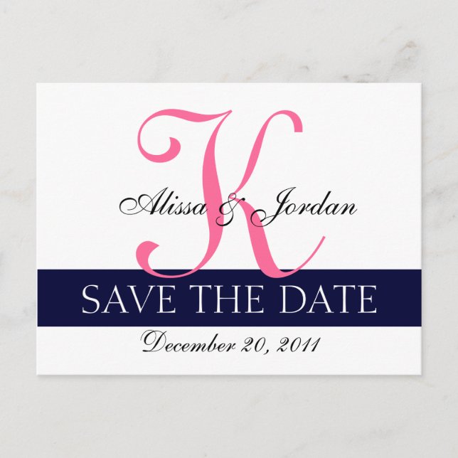 Modern Save the Date Navy Blue Pink Monogram Ankündigungspostkarte (Vorderseite)