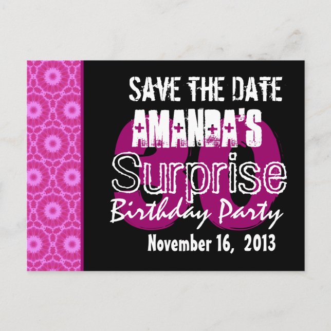 Modern Save the Date Überraschung 30. Party PinkW1 Ankündigungspostkarte (Vorderseite)