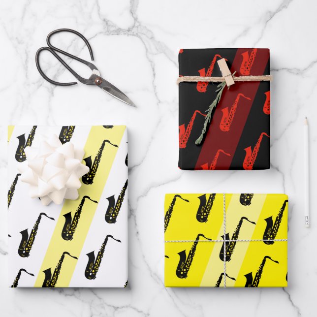 Modern Saxophone Muster Jazz Schwarz-weiß Red Saxo Geschenkpapier Set (Vorderseite)