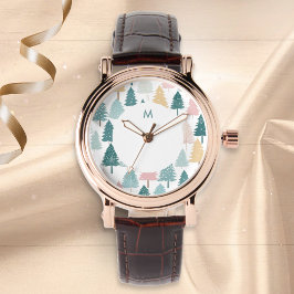 Modern Scandi Christmas Tree Pattern Monogram Armbanduhr