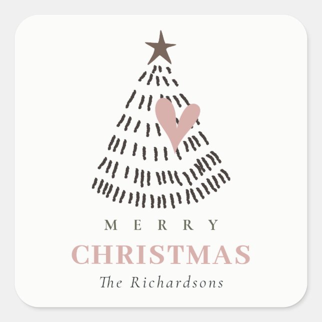 Modern Scandi Minimal Blush Heart Christmas Tree Quadratischer Aufkleber (Vorderseite)