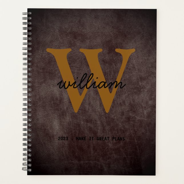 Modern schicke Bordeaux-Lederskript tan monogram Planer (Vorderseite)