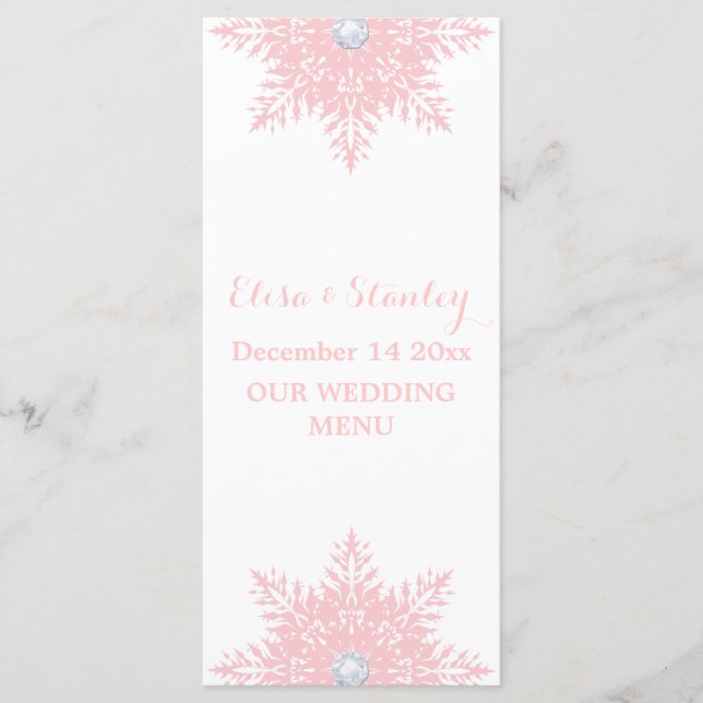 Modern schneeflocken rosa, weiße Hochzeitskarte Menükarte (Vorderseite)