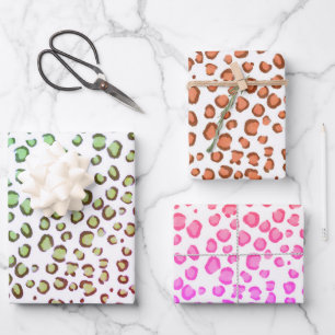 Modern Schneeleopard Rot Rosa Grünes Tier Print Geschenkpapier Set