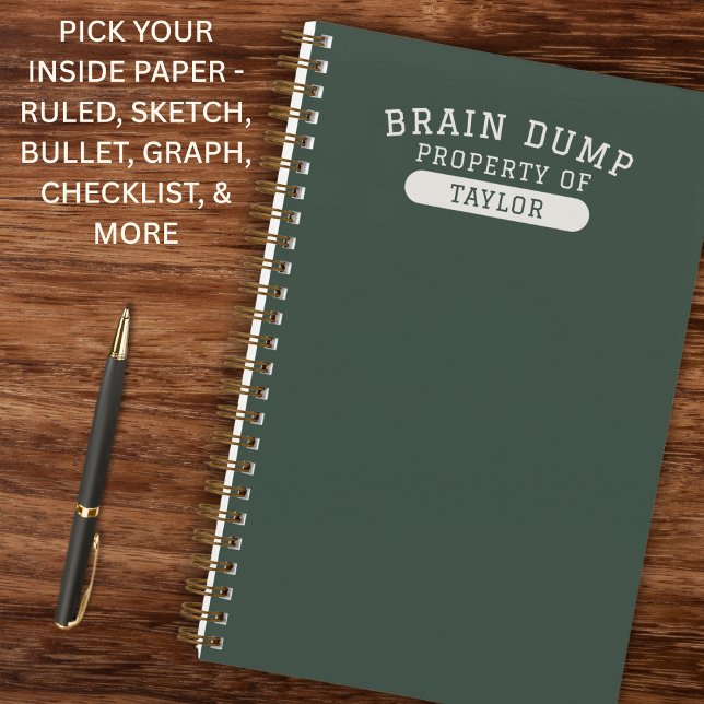 Modern School Brain Dump List Funny Green Notizbuch (Clean collegiate style with a modern edge.Personalized name makes it uniquely theirs.)