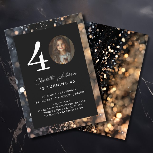 Modern, Schwarz, Gold, Glitzer, Foto, 40. Geburtst Einladung (Modern, Black, Gold, Glitter, Photo, 40. Birthday Invitation)