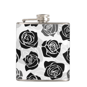 Modern Schwarz Grau Weiß Rosen Blumen Muster Flachmann