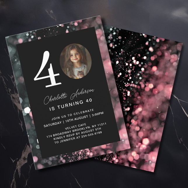 Modern, schwarz, rosa, Glitzer, Foto, 40. Geburtst Einladung (Modern, Black, Pink, Glitter, Photo, 40. Birthday Invitation)