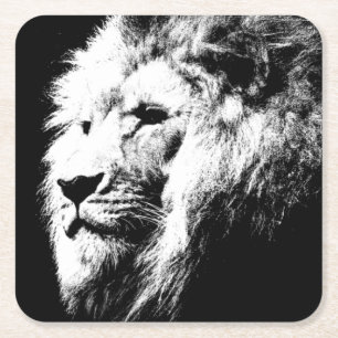 Modern Schwarz & Weiß Pop Art Lion Kopfvorlage Rechteckiger Pappuntersetzer
