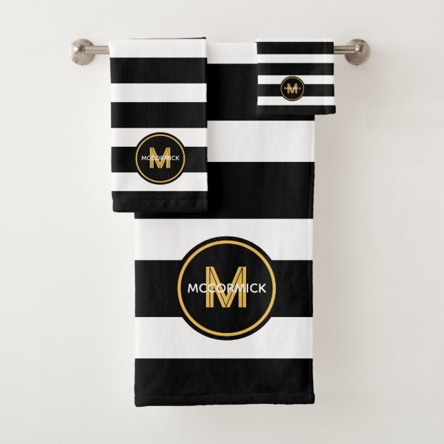 Modern Schwarz-weiß Stripes Monogram Badhandtuch Set (Insitu)