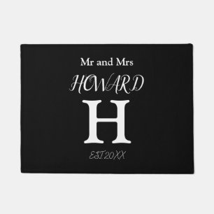 Modern Schwarz-weißer Monogramm Name Newlyweds Doo Fußmatte